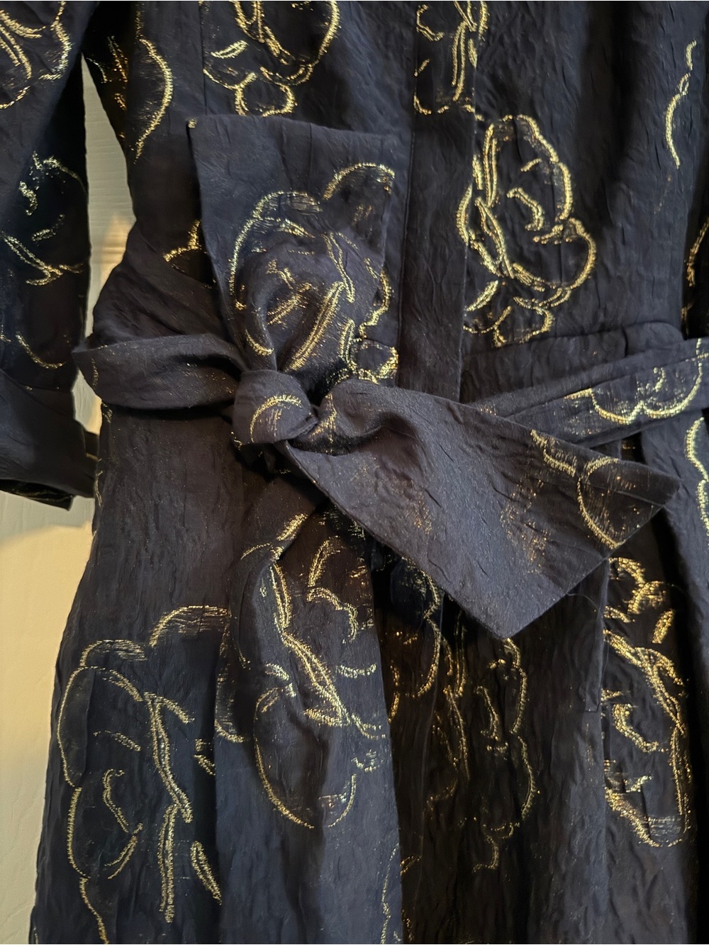 Teri Jon Navy and Gold Jacquard Shirt Waist Dress with Floral Embroidery - Picture 5 of 8